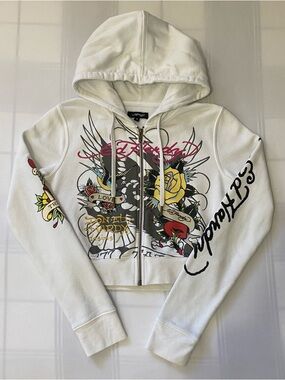 Ed Hardy White Cropped Zip Up With Graphic Design